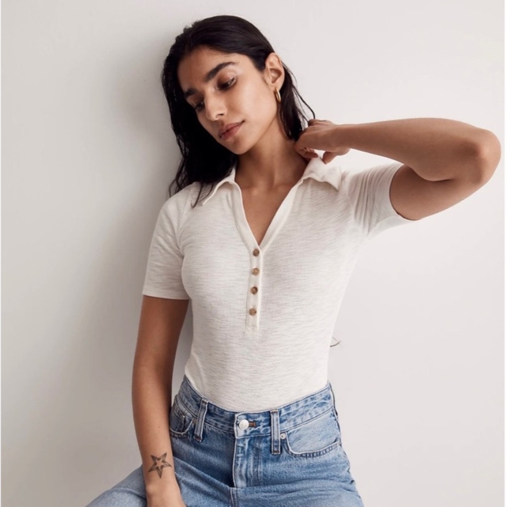 Madewell, fitted polo shirt body suit, deep v-neck